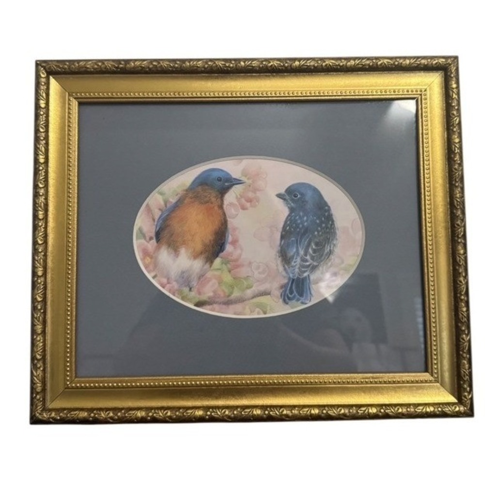 VTG Gold Bluebird Framed Art Print Nature Decor 12x10